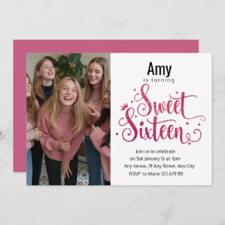 Modern Photo Pink Glitter Sweet 16th Birthday Invitation
