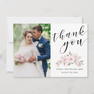Modern Photo Pink Rose Floral Black Script Wedding Thank You Card