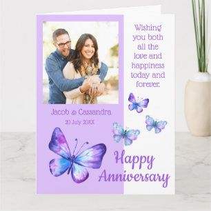 Modern Photo Purple Blue Butterflies Anniversary  Card