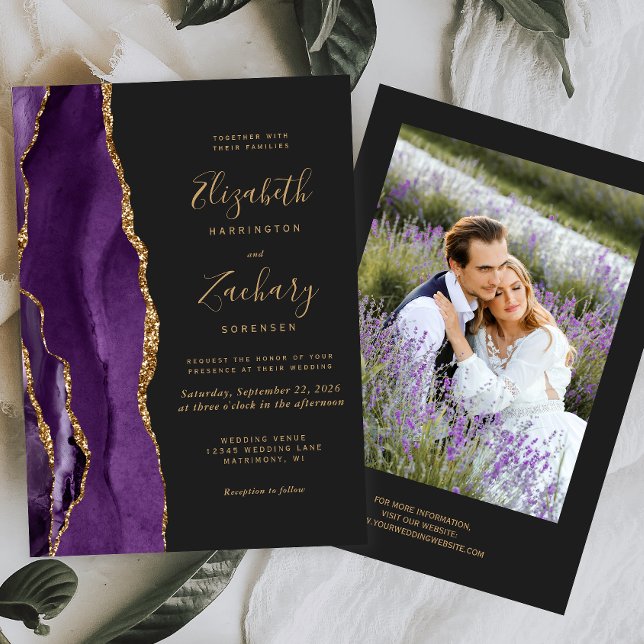 Modern Photo Purple Gold Agate Dark Wedding Invitation (Creator Uploaded)