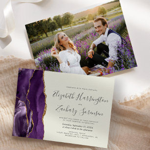 Modern Photo Purple Gold Agate Ivory Wedding Invitation