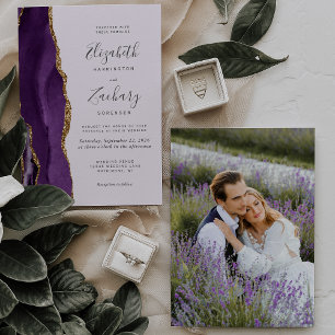 Modern Photo Purple Gold Agate Lavender Wedding Invitation