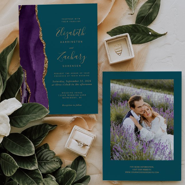 Modern Photo Purple Gold Agate Teal Wedding Invitation (Creator Uploaded)