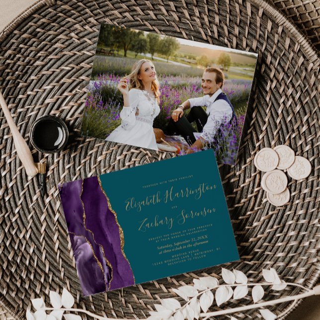 Modern Photo Purple Gold Agate Teal Wedding Invitation (Creator Uploaded)