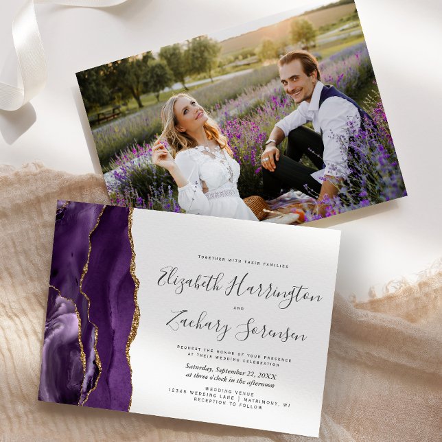 Modern Photo Purple Gold Agate Wedding Invitation (Creator Uploaded)
