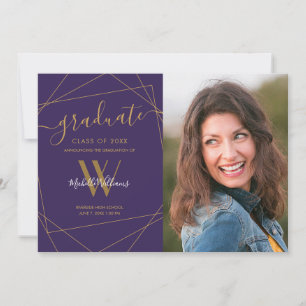 Modern Photo Purple Monogram Geometric Graduation Announcement