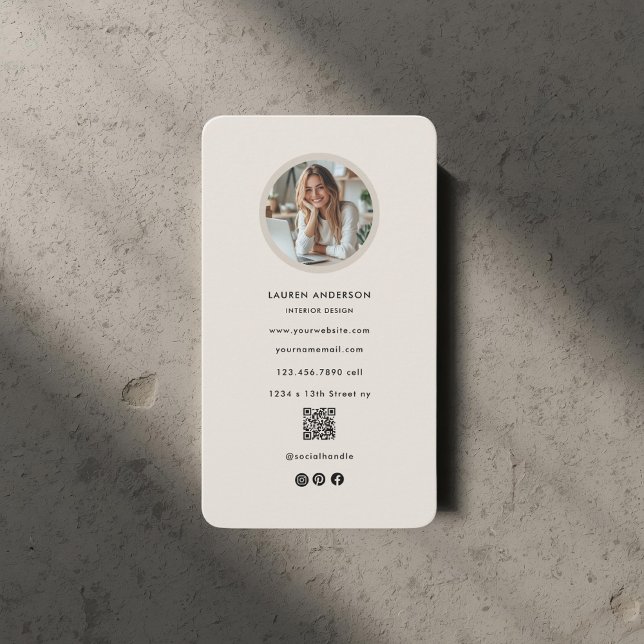 Modern Photo & QR Code Beige Social Media Design Business Card (Creator Uploaded)