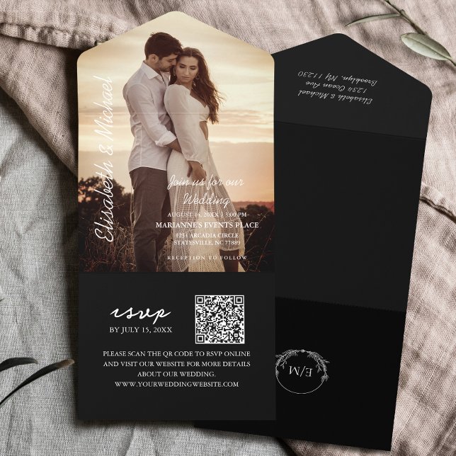 Modern Photo QR Code Black Wedding All In One Invitation (Simplify your wedding with all-in-one invitations, with QR code for RSVP. Modern elegance made easy!)