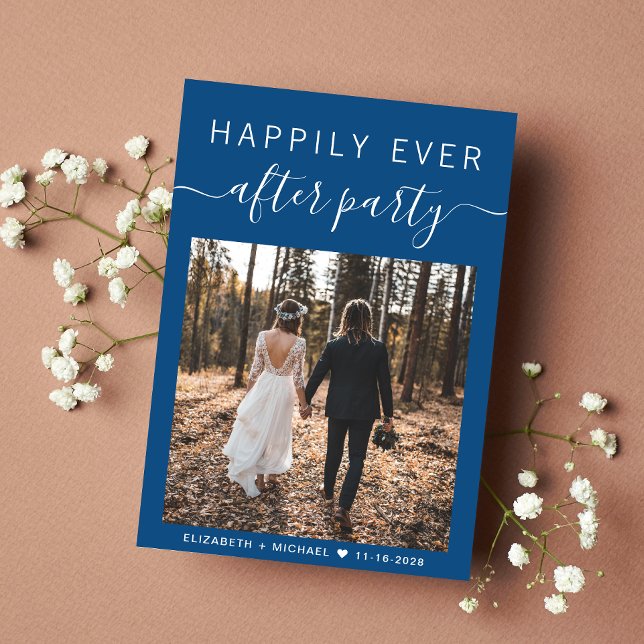 Modern Photo QR Code Blue Wedding Reception Announcement (An chic Happily Ever After Party Invitation to set the tone for an unforgettable event)