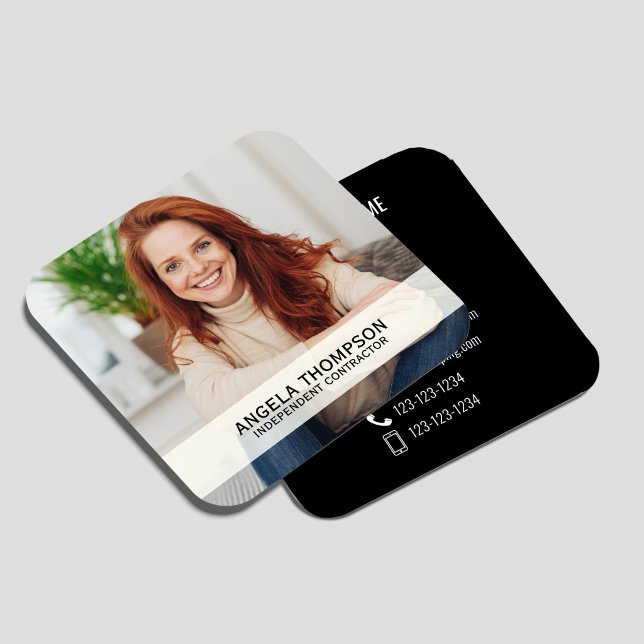 Modern Photo QR Code Connect With Me Black Square Business Card (Sleek black photo QR code connect card with a clean minimalist layout, featuring a customizable port)