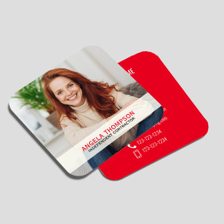 Modern Photo QR Code Connect With Me Red Square Business Card