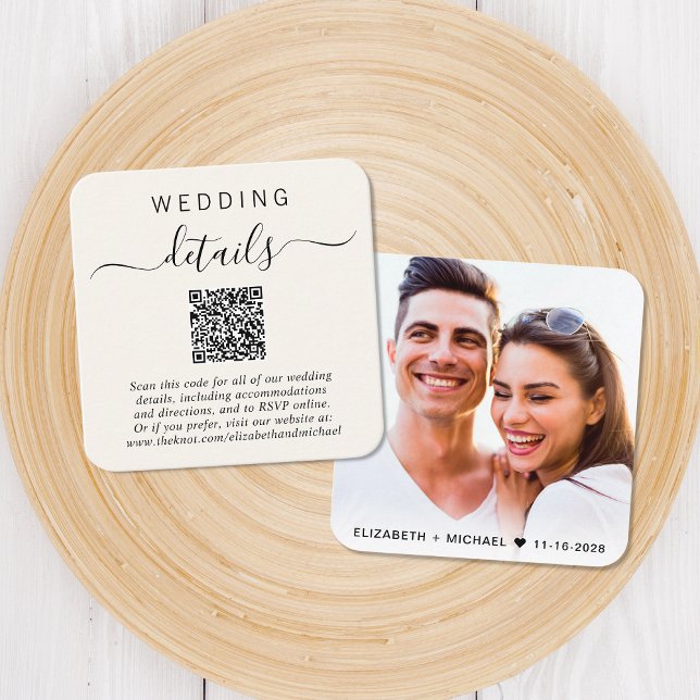 Modern Photo QR Code Cream Wedding Details Enclosure Card (Our user-friendly template will generate your QR code automatically from your website address)