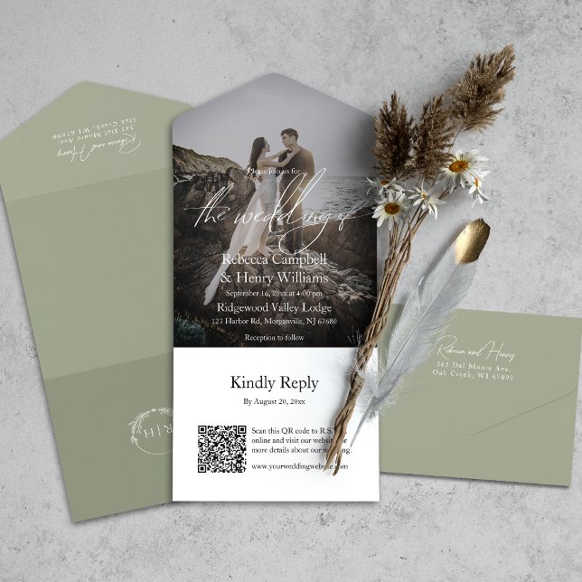 Modern Photo QR Code RSVP Sage Green Wedding All In One Invitation (All-in-one wedding invitation with QR code to RSVP - Simplify and save time for you and your guests.)