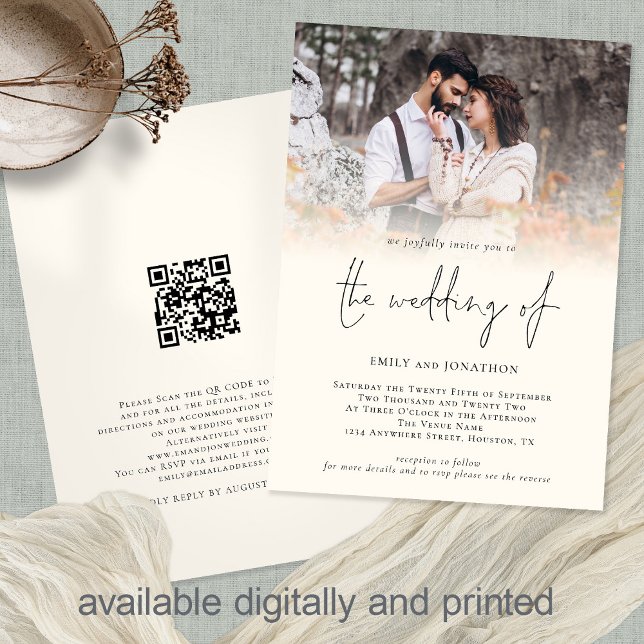 Modern Photo QR Code Script Cream Wedding Invitation (Creator Uploaded)