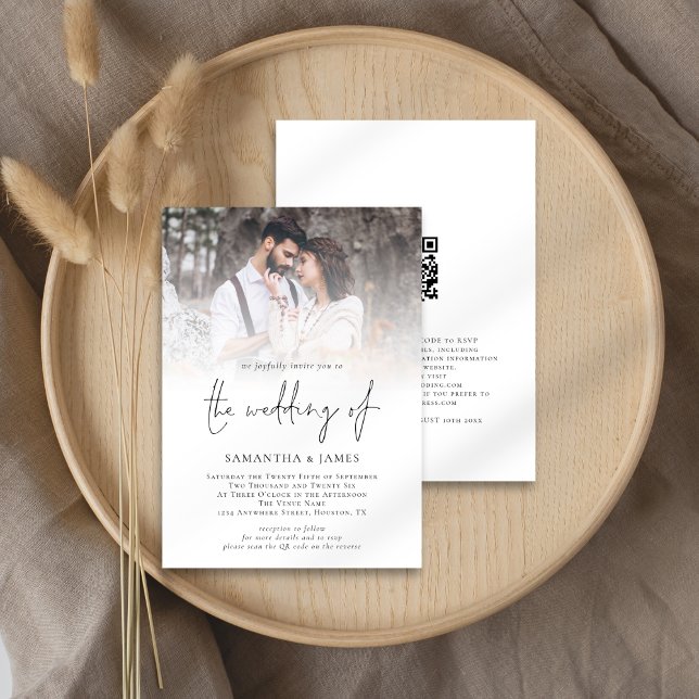 Modern Photo QR Code Script Wedding Invitation (Front and back view)