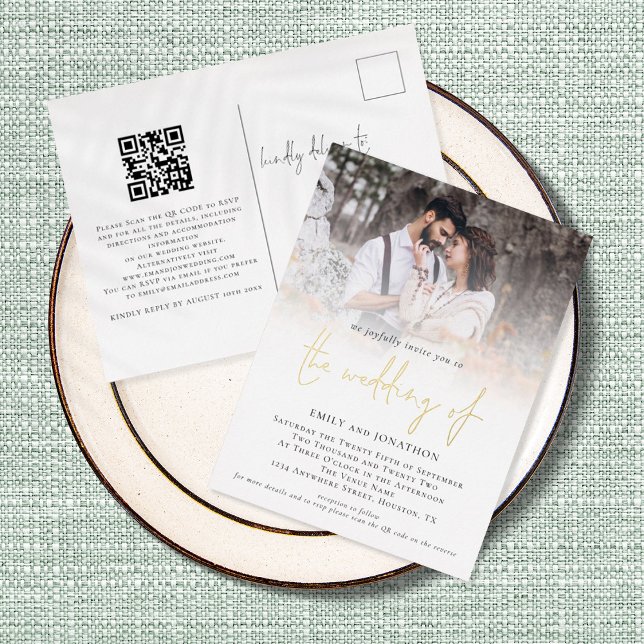 Modern Photo QR Code Script Wedding Real Foil Invitation Postcard (Front and back view.)