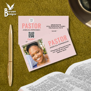 Modern Photo QR Logo Blush Pink Church Pastor Business Card