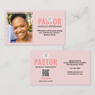 Modern Photo QR Logo Blush Pink Church Pastor  Business Card