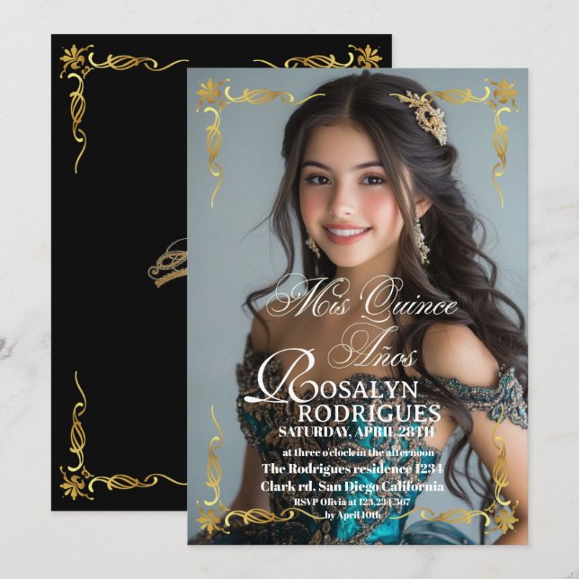 Modern Photo Quinceanera Gold White Invitation (Front/Back)