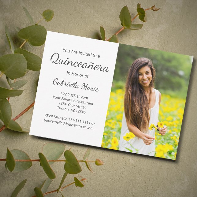 Modern Photo Quinceañera Grey Typography Invitation Postcard (Creator Uploaded)