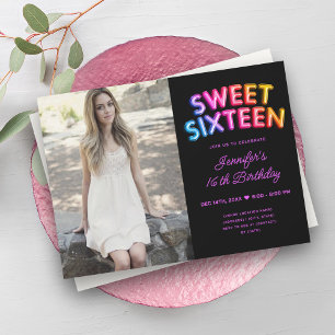 Modern Photo Rainbow Black Balloons Sweet 16  Invitation