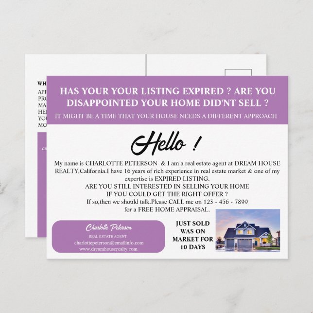 Modern Photo Real Estate Expired Listing  Postcard (Front/Back)