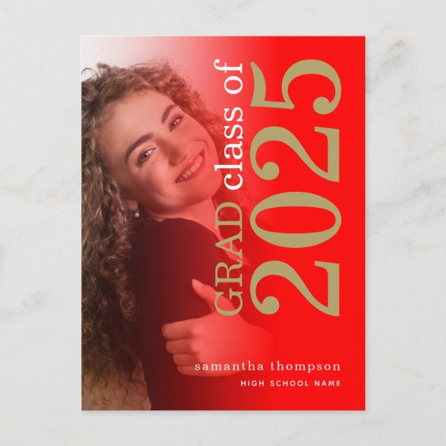 Modern Photo Red Gold 2025 Graduation Announcement Postcard (Front)