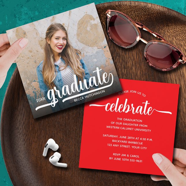 Modern Photo Red Graduation Invitation (Modern photo red square 5.25" x 5.25" graduation party invitations)