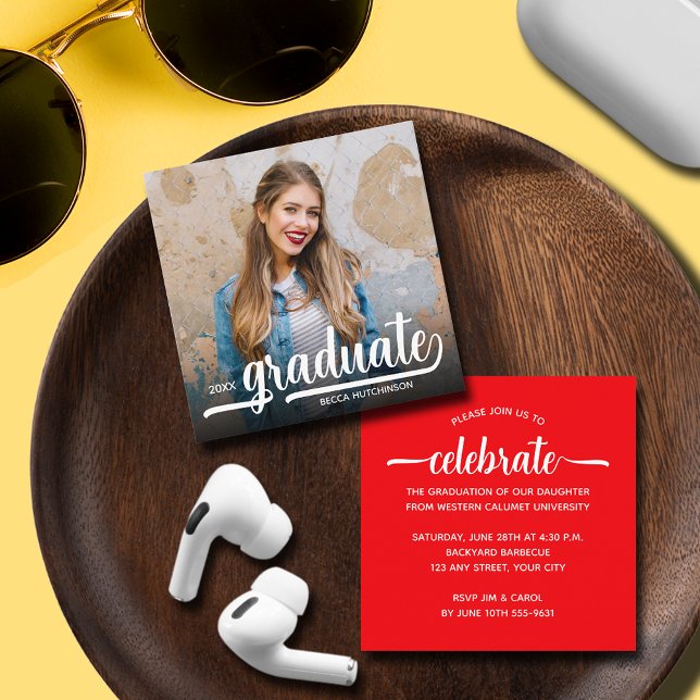 Modern Photo Red Graduation Party Enclosure Card (SMALL 2.5" SQUARE graduation invitations are perfect to enclose with announcements or to hand out.)