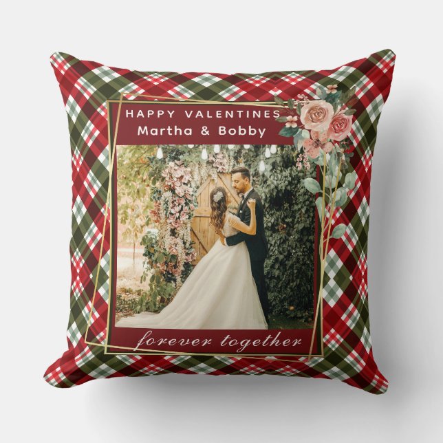 Modern Photo | Red & Green Plaid Happy Valentines  Cushion (Front)