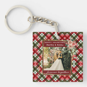 Modern Photo Red & Green Plaid Happy Valentines Key Ring