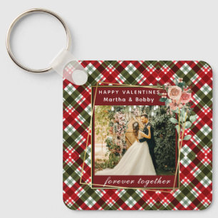 Modern Photo Red & Green Plaid Happy Valentines Key Ring