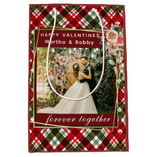 Modern Photo Red & Green Plaid Happy Valentines Medium Gift Bag