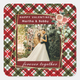 Modern Photo Red & Green Plaid Happy Valentines Square Sticker