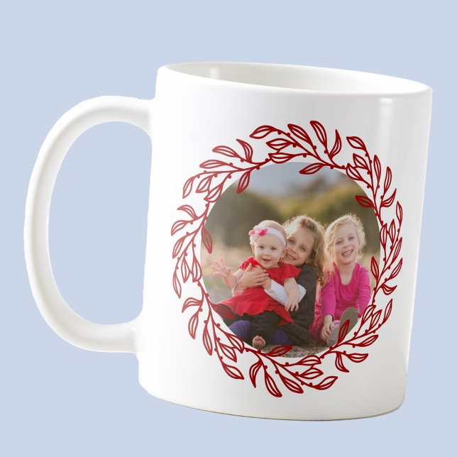 Modern Photo Red Leaf and Berry Wreath Coffee Mug (Modern custom photo wreath coffee mug, ideal for a gift for grandparents and family members.)