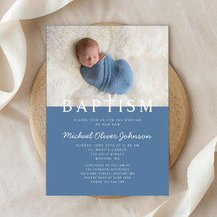 Modern Photo Religious Cross Blue Boy Baptism Invitation