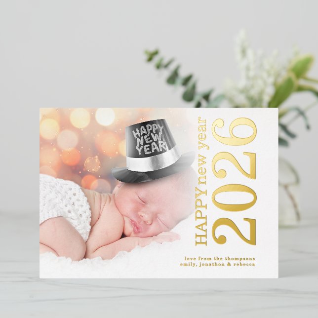 Modern Photo Rotated Text Happy New Year 2026 Foil Holiday Card (Standing Front)