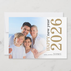 Modern Photo Rotated Text Happy New Year 2026 Gold Holiday Card