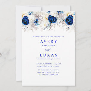 Modern Photo Royal Blue & White Floral Wedding Invitation