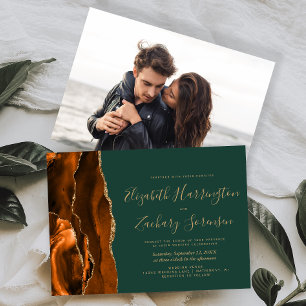 Modern Photo Rust Gold Agate Dark Green Wedding Invitation