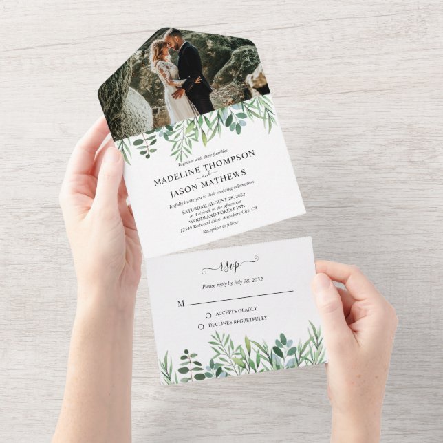 Modern Photo Sage Green Greenery RSVP Wedding All  All In One Invitation (Tearaway)