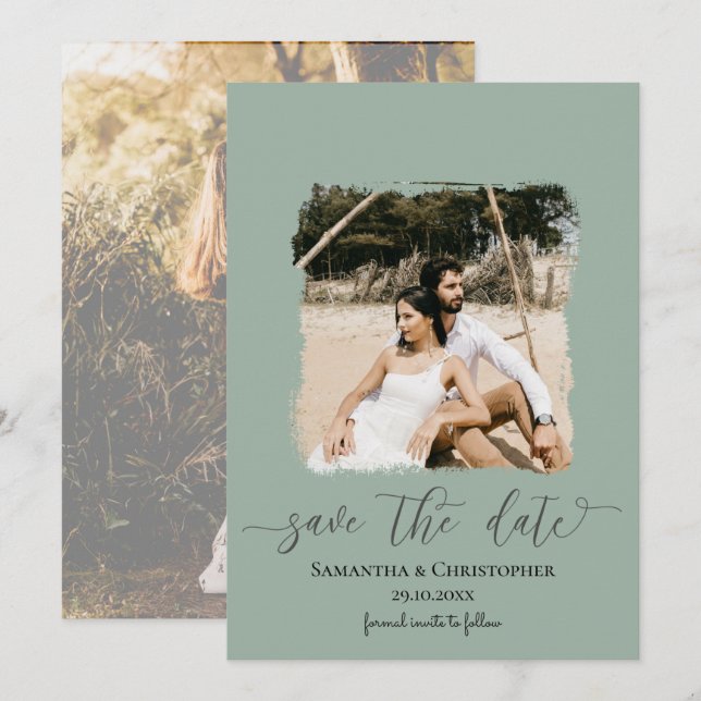  Modern Photo Sage Green Save the Date  (Front/Back)