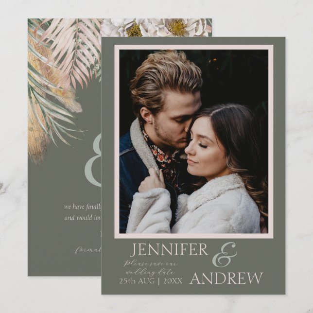  Modern Photo Sage Green Tropical Save the Date   (Front/Back)