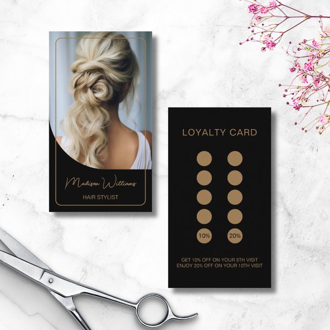 Modern Photo Salon Hair Stylist Black Gold Loyalty Card (Modern Photo Salon Hair Stylist Black Gold Loyalty Card)