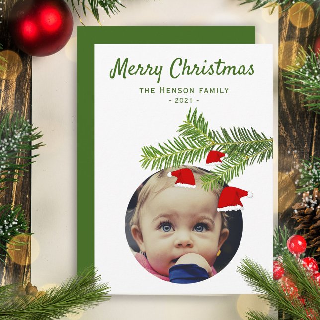 Modern Photo Santa Hat Pine Merry Christmas  Holiday Card (Creator Uploaded)