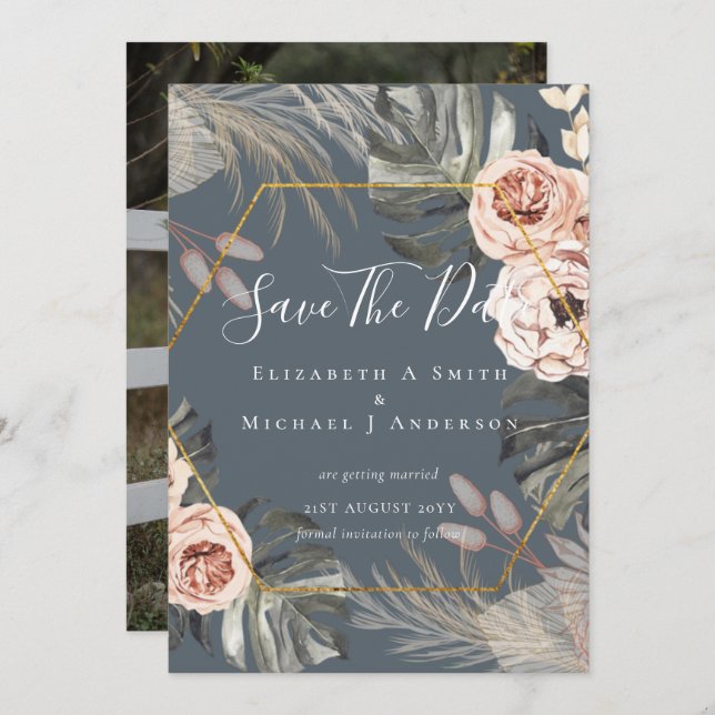 Modern Photo Save Dates PAMPAS Coral Tropical (Front/Back)