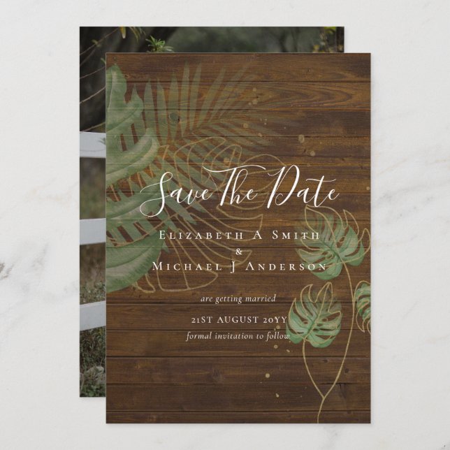 Modern Photo SAVE DATES Topical Leaves Gold (Front/Back)