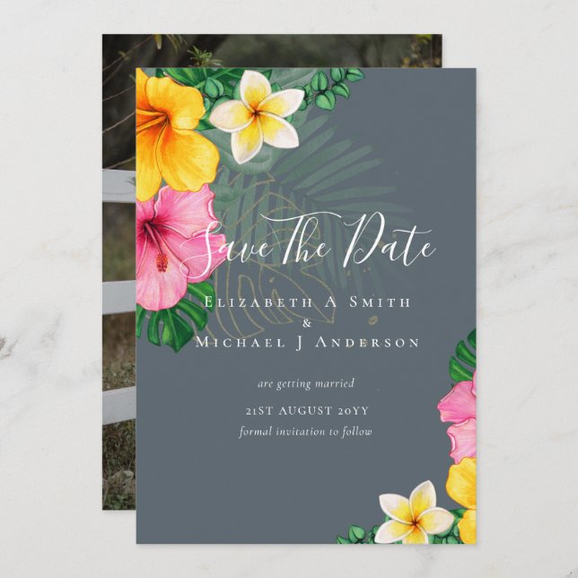 Modern Photo Save Dates TROPICAL FLOWERS Beach (Front/Back)