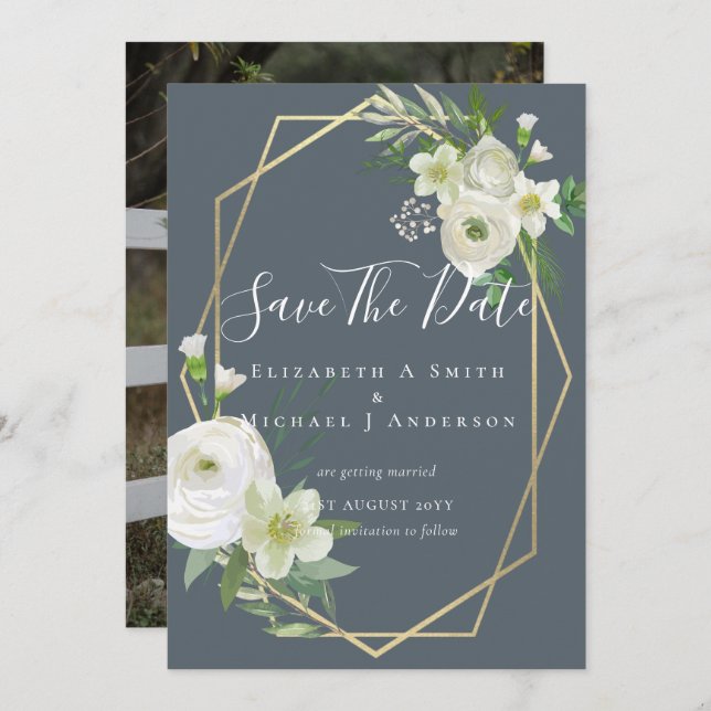 Modern Photo Save Dates White Floral Greenery Leaf (Front/Back)