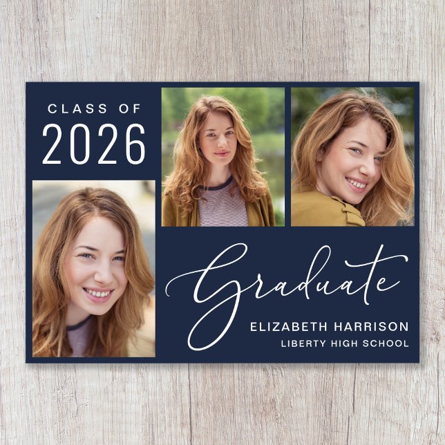 Modern Photo Script Blue Graduation Announcement (Cherish the milestone: share your graduate's achievement with a custom photo graduation announcement)